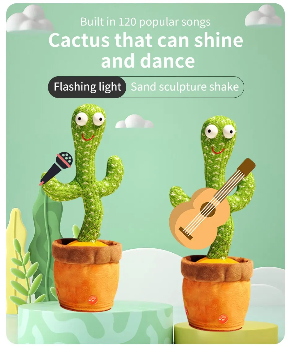 Interactive Intelligent Cactus Kids Learning and Musical Plush Toy 120Pcs Songs Dance Record and Speak Cute Doll