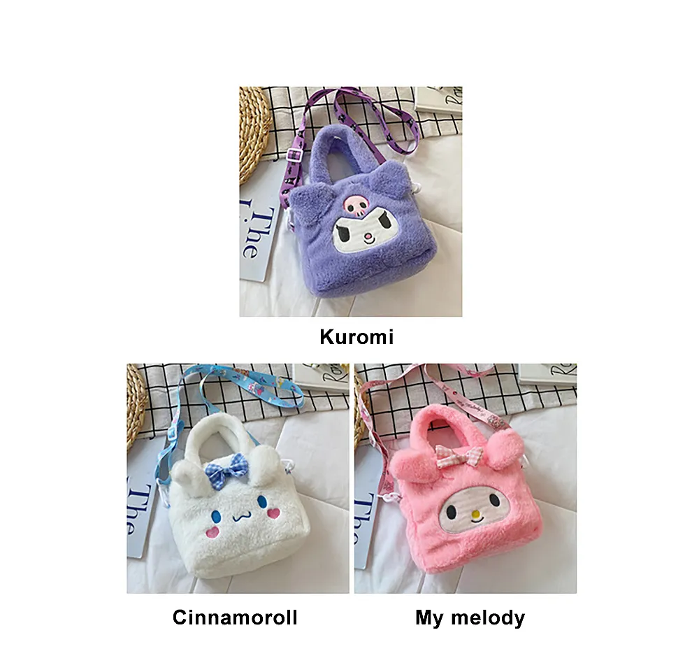 Sanrio Plush Bag Kawaii Kuromi Cinnamoroll Melody Cartoon Anime Handbag Crossbody Cosmetic Travel Storage Bags Women Girls Gifts