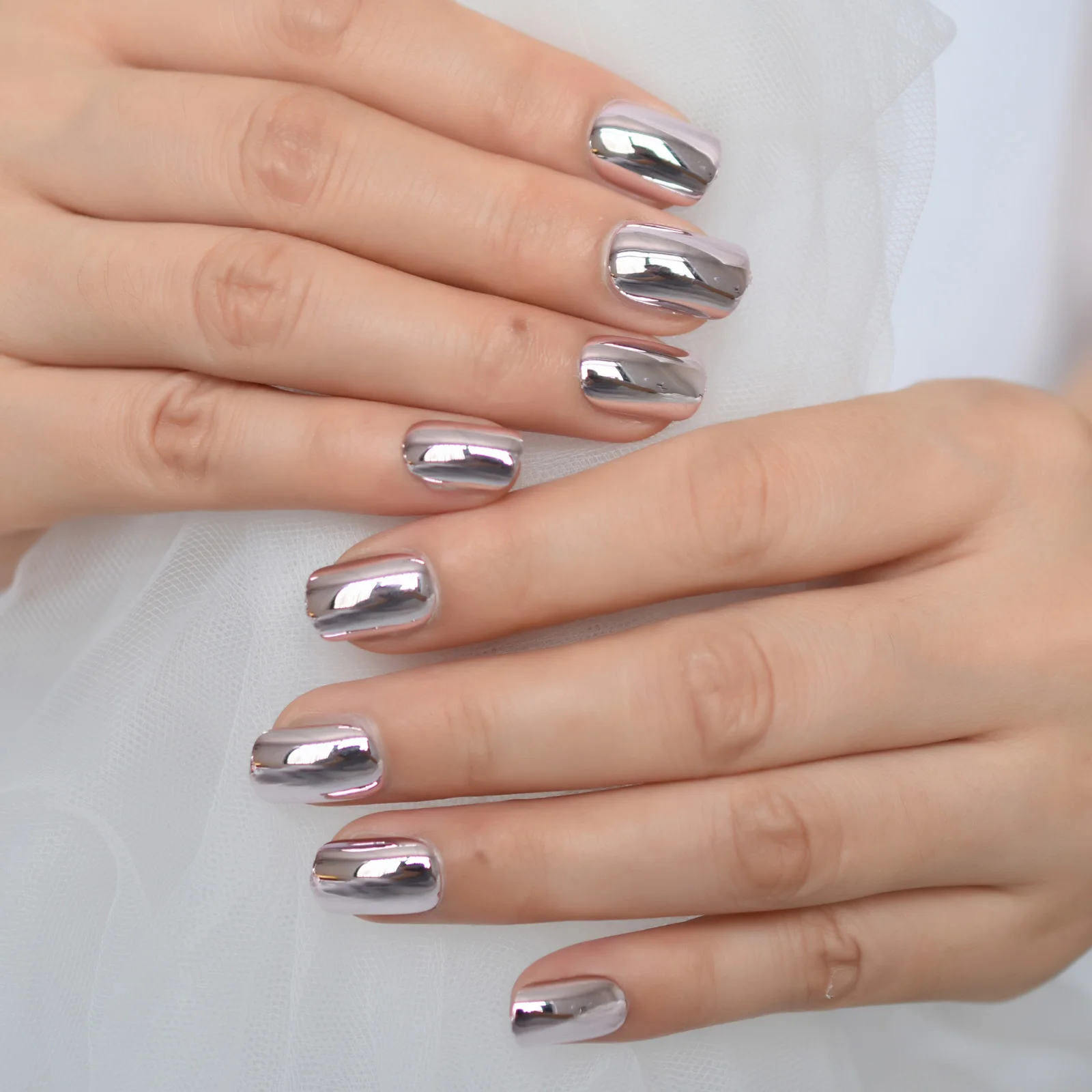 Square Electroplating Chrome Medium Size Press On Nails 2021 Full Cover Nail Tips Fingernails Art Supplies For Professionals