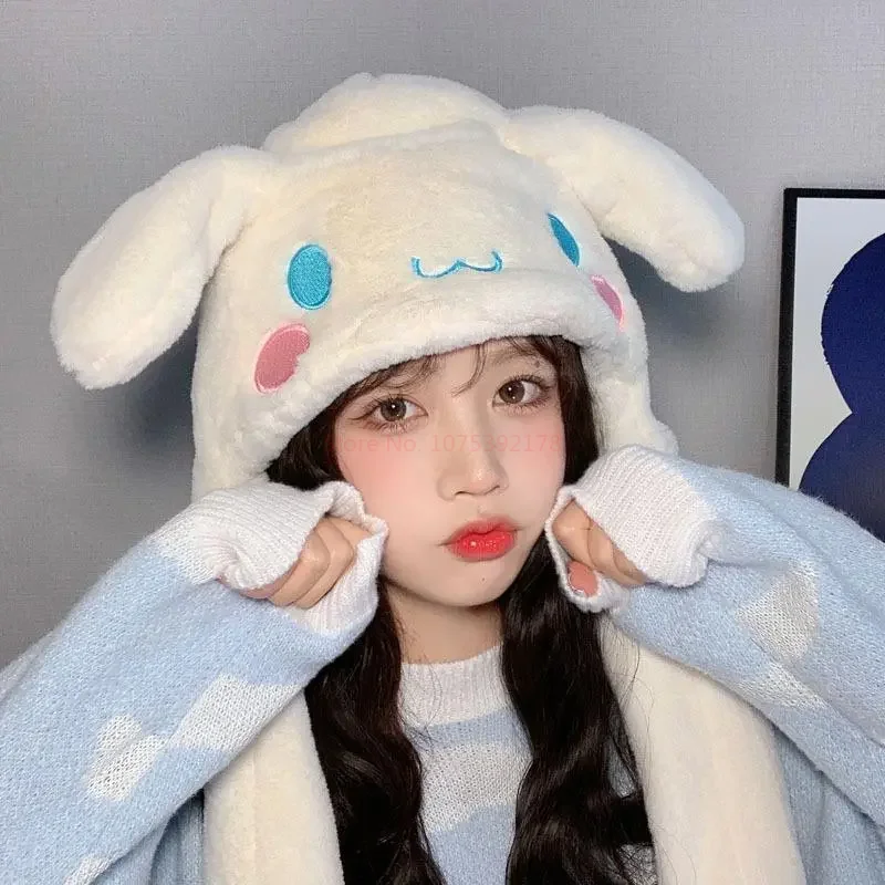 Kawaii Sanrio Hat Cinnamoroll Accessories Cute Plush Keep Warm Bunny Hat Ears Up Plush Toy Girl Winter Cap Xmas Festival Gifts