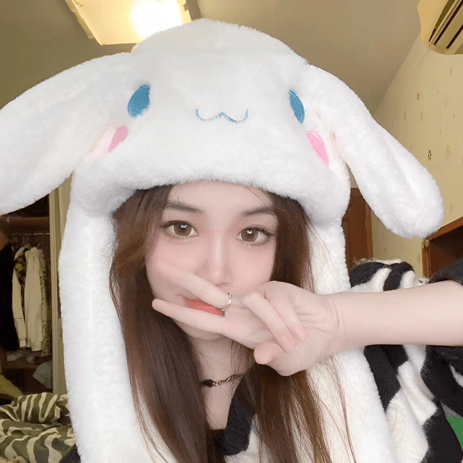 Kawaii Sanrio Hat Cinnamoroll Accessories Cute Plush Keep Warm Bunny Hat Ears Up Plush Toy Girl Winter Cap Xmas Festival Gifts