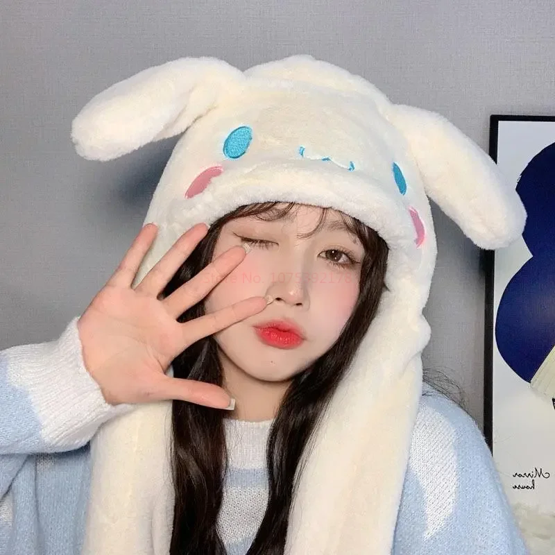 Kawaii Sanrio Hat Cinnamoroll Accessories Cute Plush Keep Warm Bunny Hat Ears Up Plush Toy Girl Winter Cap Xmas Festival Gifts
