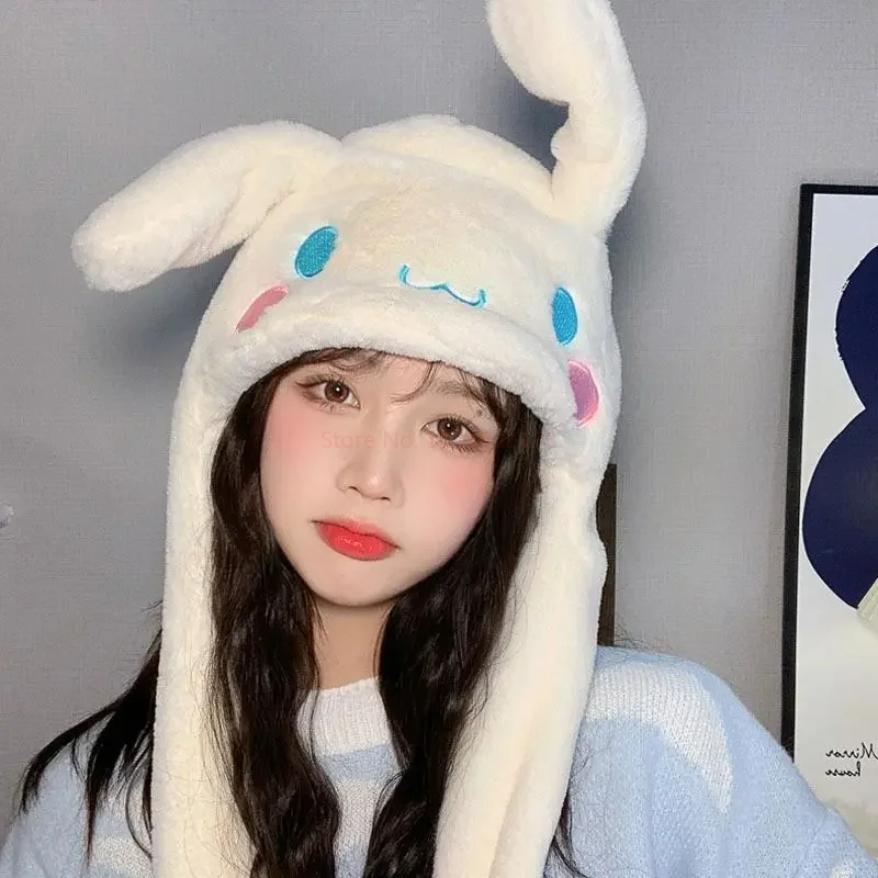 Kawaii Sanrio Hat Cinnamoroll Accessories Cute Plush Keep Warm Bunny Hat Ears Up Plush Toy Girl Winter Cap Xmas Festival Gifts