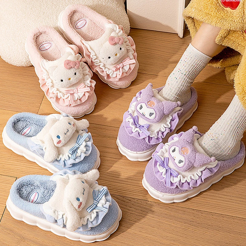 Sanrio Hello Kitty Home Fuzzy Slipper Cartoon Kuromi Cinnamoroll Yk2 Women Winter Plush Non Slip Slippers girl Cute Flat Shoes