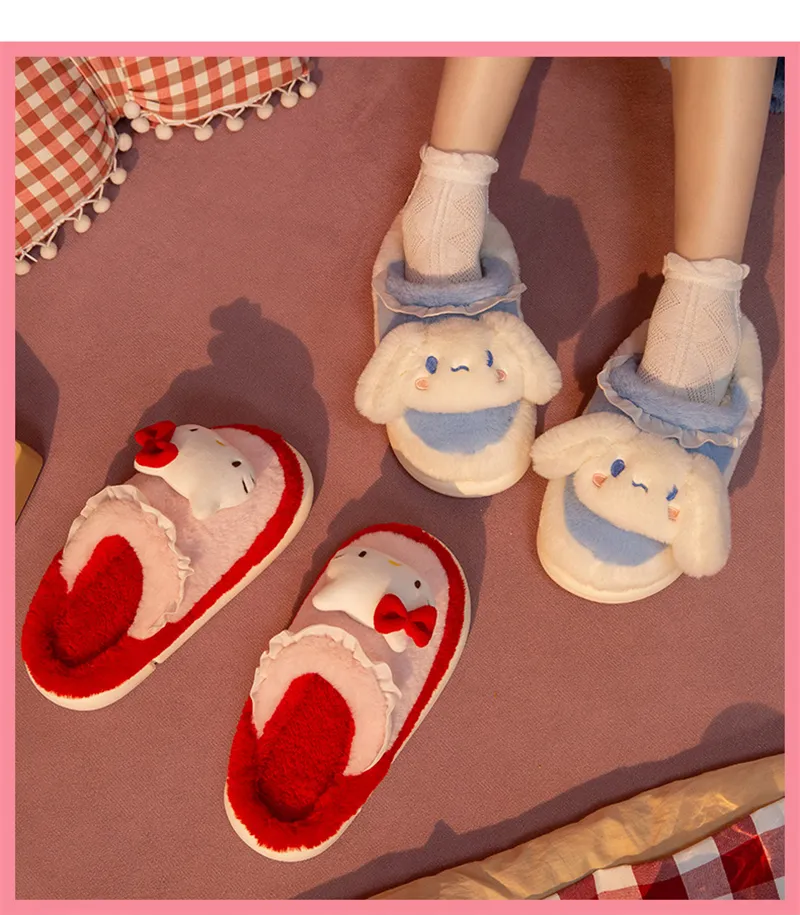 Sanrio Hello Kitty Home Fuzzy Slipper Cartoon Kuromi Cinnamoroll Yk2 Women Winter Plush Non Slip Slippers girl Cute Flat Shoes