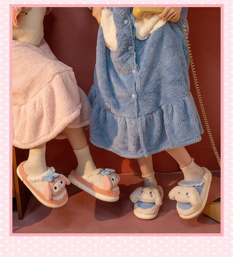 Sanrio Hello Kitty Home Fuzzy Slipper Cartoon Kuromi Cinnamoroll Yk2 Women Winter Plush Non Slip Slippers girl Cute Flat Shoes