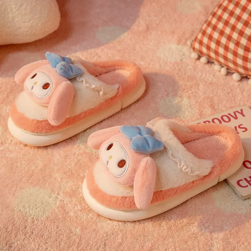 Sanrio Hello Kitty Home Fuzzy Slipper Cartoon Kuromi Cinnamoroll Yk2 Women Winter Plush Non Slip Slippers girl Cute Flat Shoes
