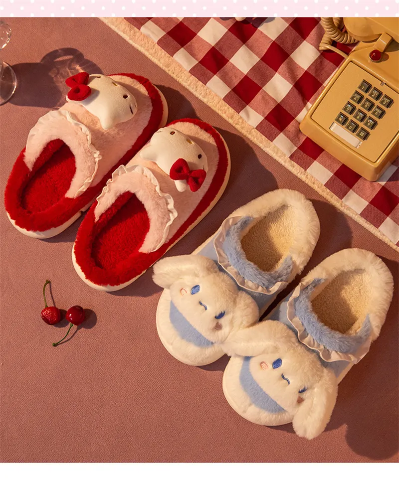 Sanrio Hello Kitty Home Fuzzy Slipper Cartoon Kuromi Cinnamoroll Yk2 Women Winter Plush Non Slip Slippers girl Cute Flat Shoes