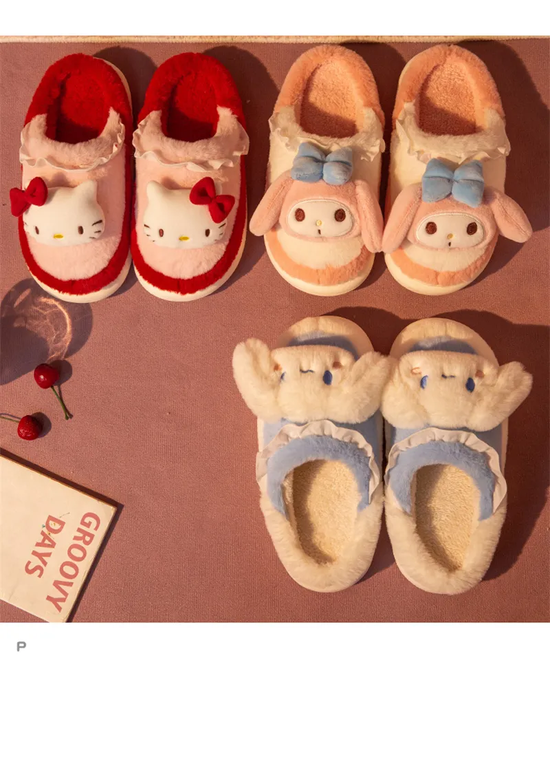 Sanrio Hello Kitty Home Fuzzy Slipper Cartoon Kuromi Cinnamoroll Yk2 Women Winter Plush Non Slip Slippers girl Cute Flat Shoes